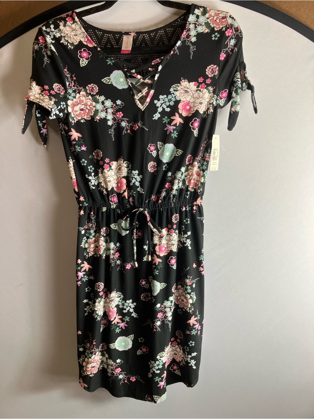 No Boundaries Black Floral Tie-Waist Mini Dress - Picture 9 of 9